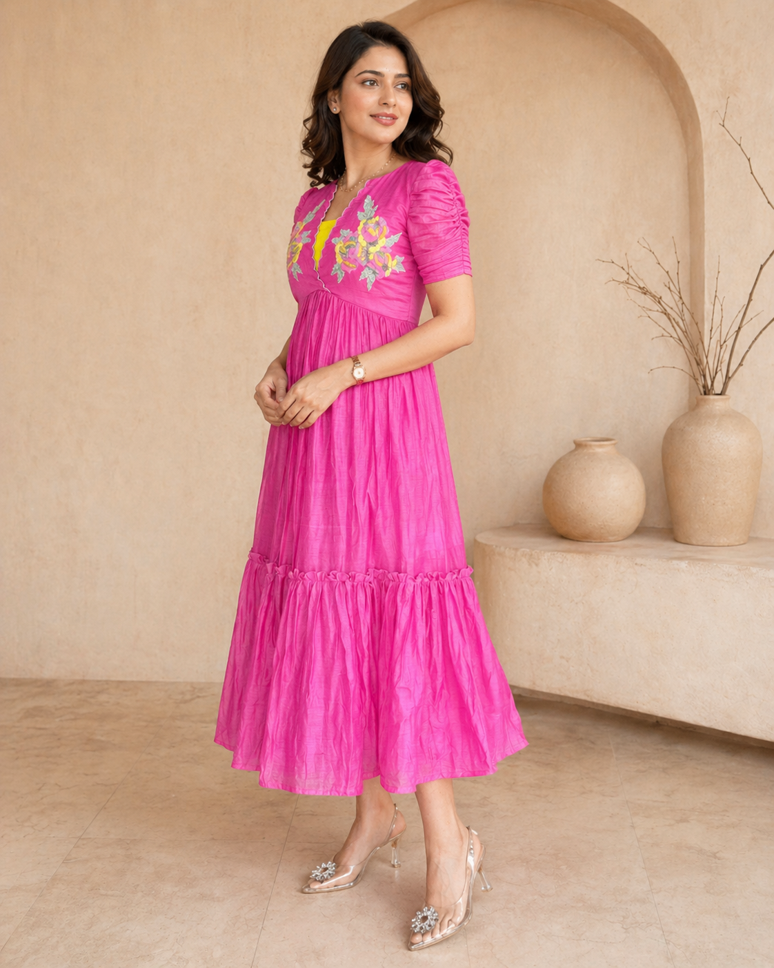 Pink frock with hand embroidery motif