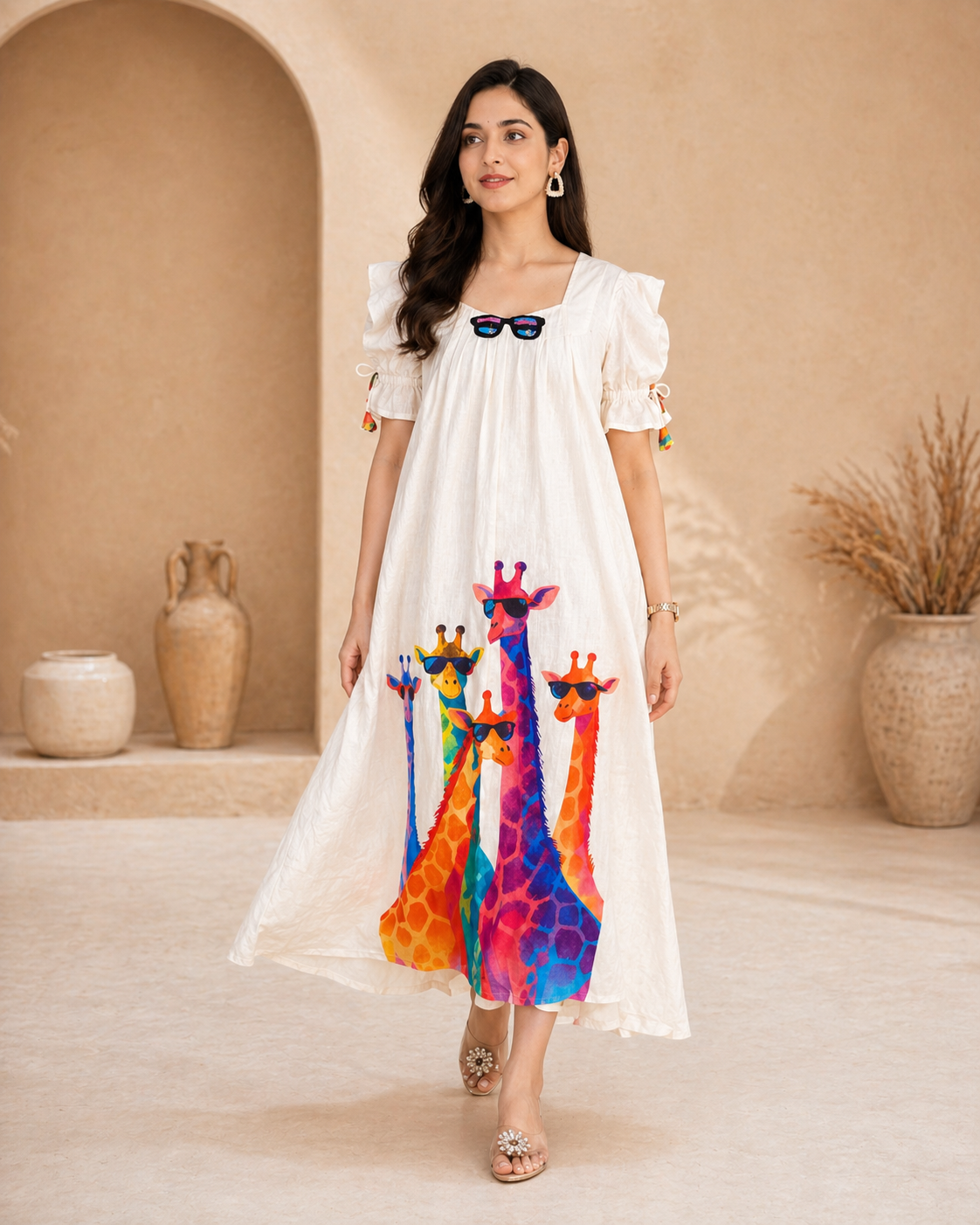 Ivory lenin frock with colourful giraffe motifs