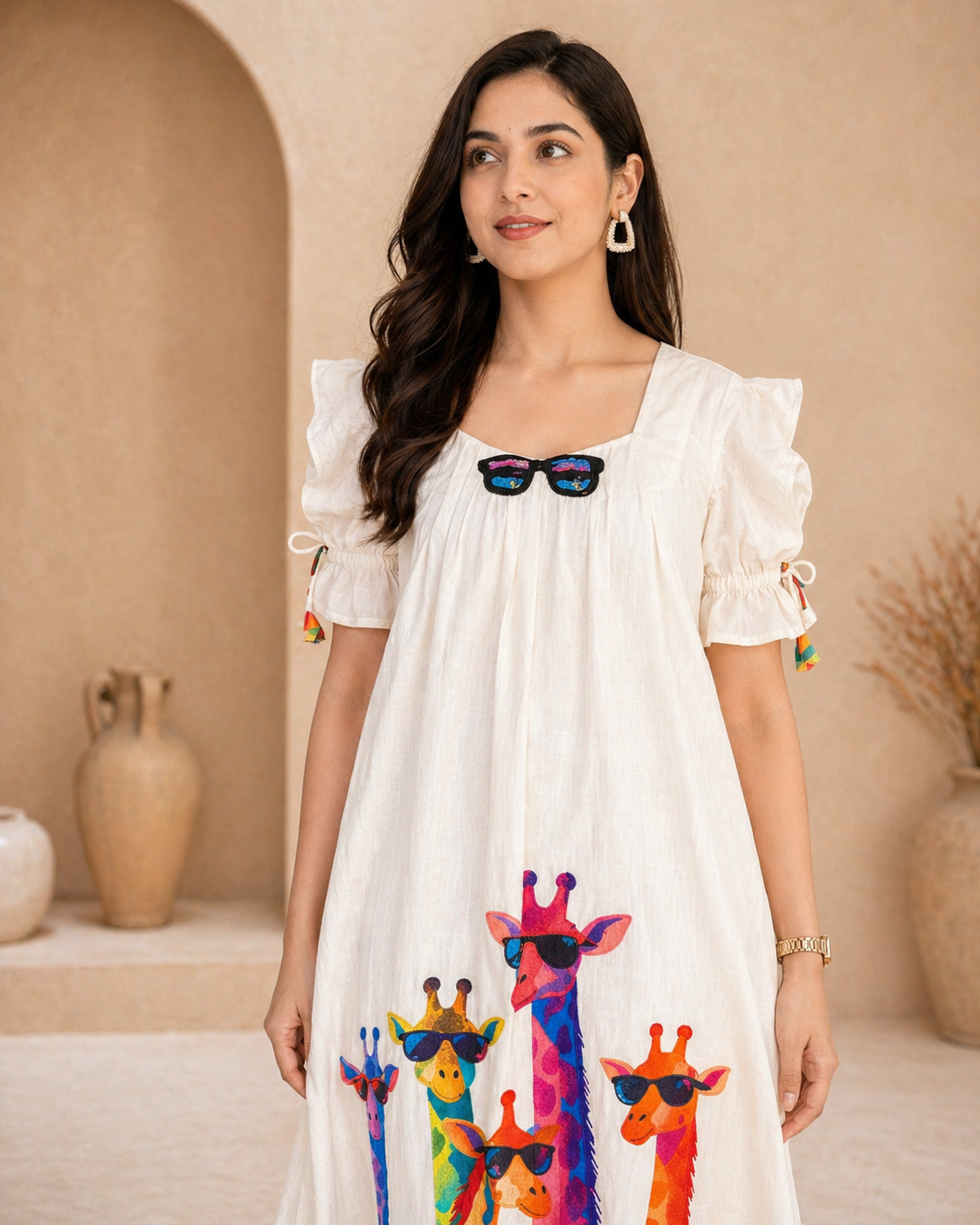 Ivory lenin frock with colourful giraffe motifs