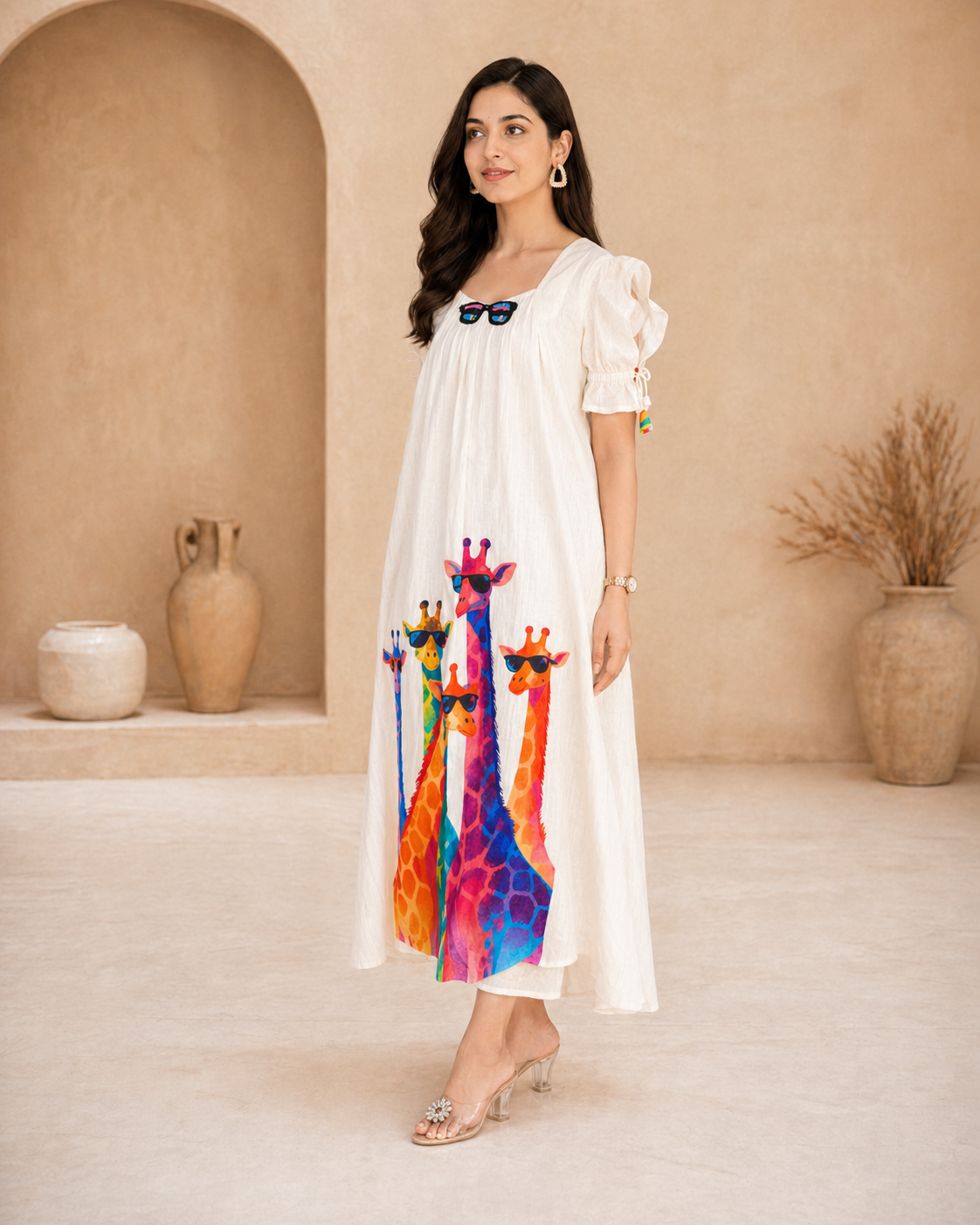 Ivory lenin frock with colourful giraffe motifs