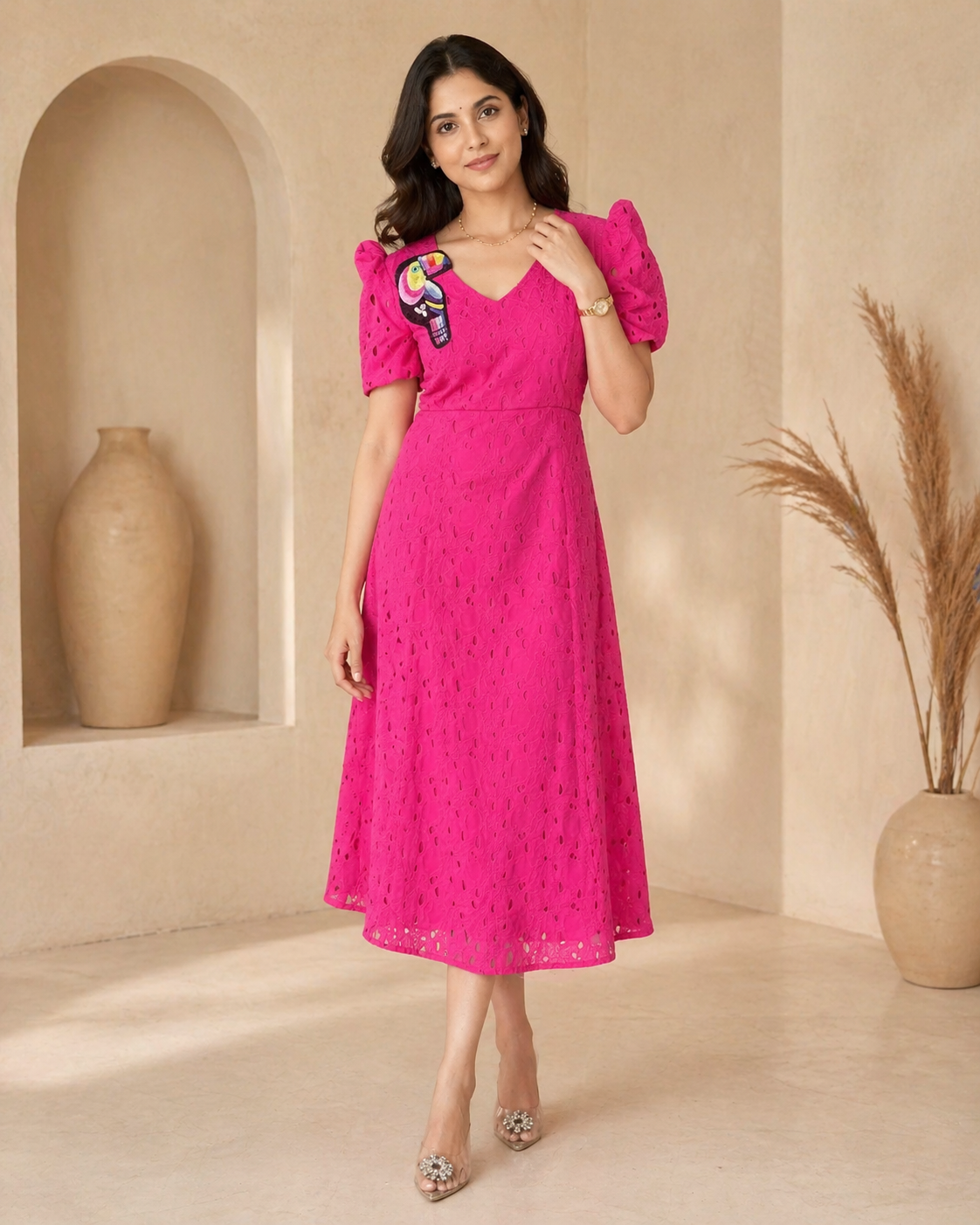 Pink hacoba frock with toucan bird
