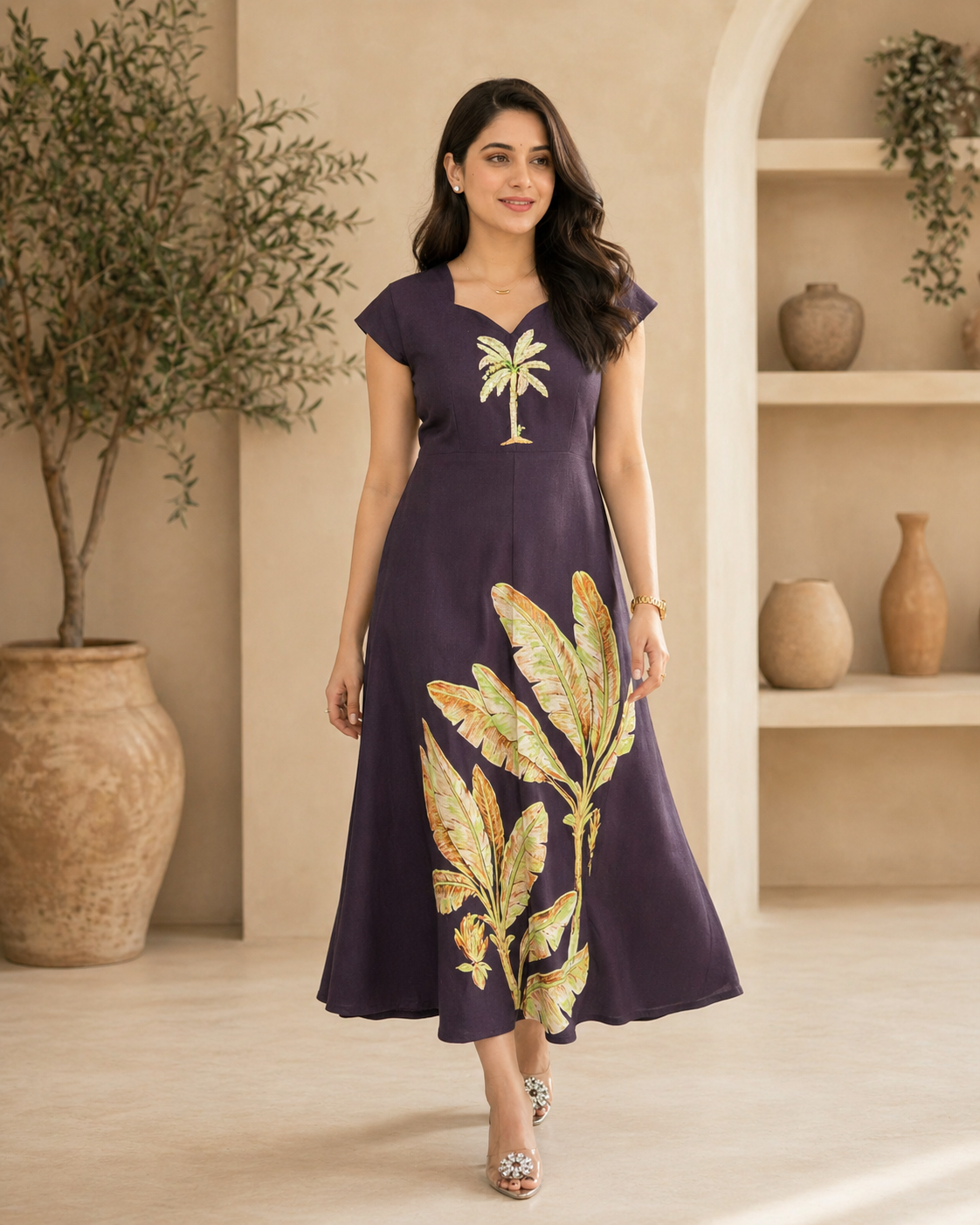 Purple printed lenin frock with hand work on yoke part