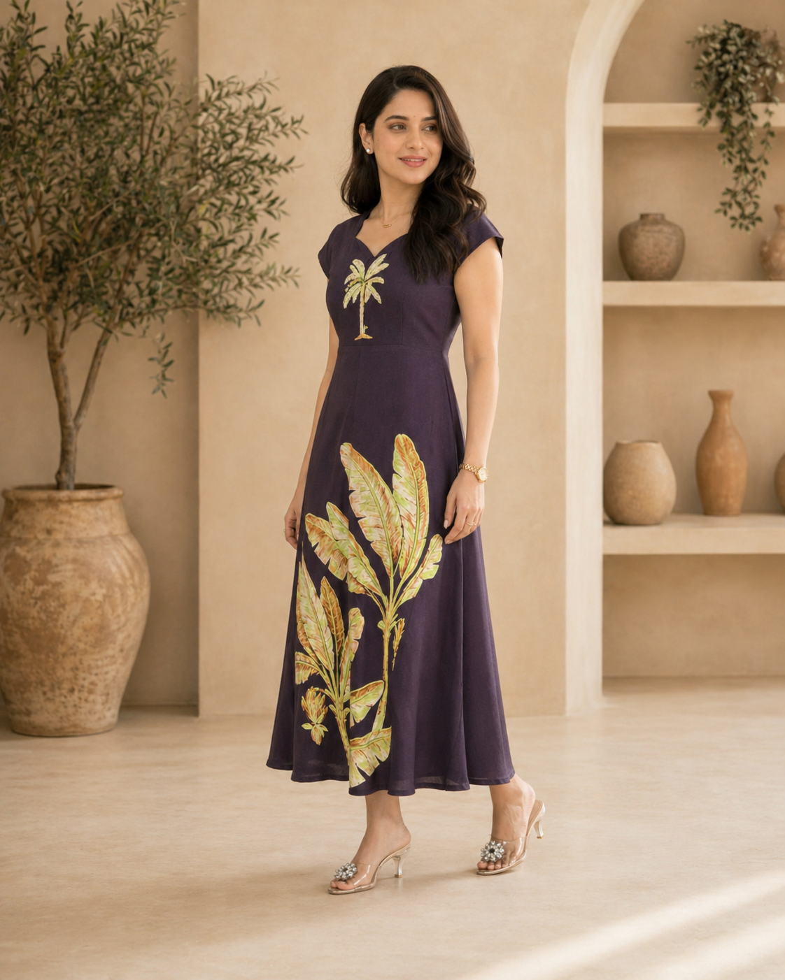 Purple printed lenin frock with hand work on yoke part