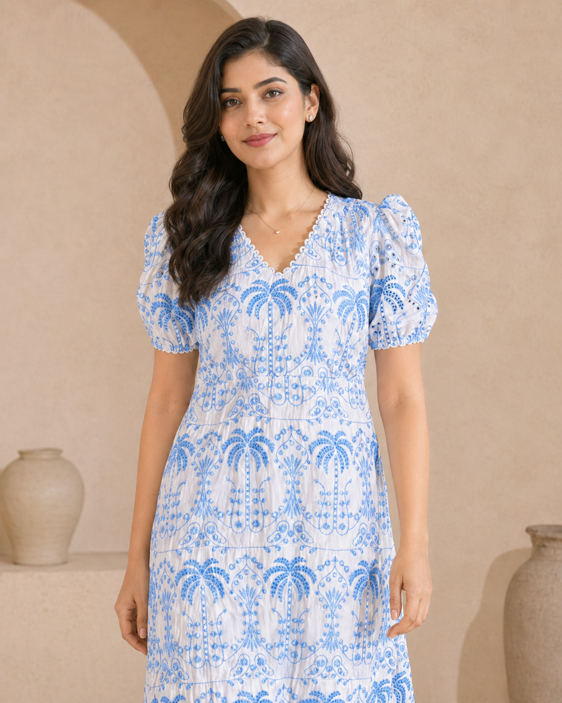 Cotton white and blue print frock