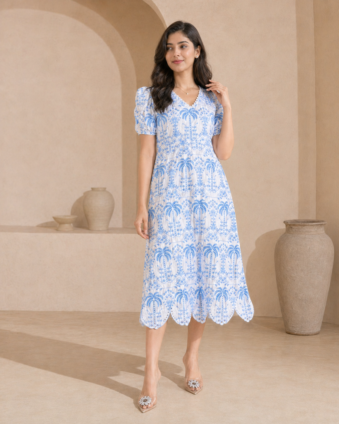 Cotton white and blue print frock