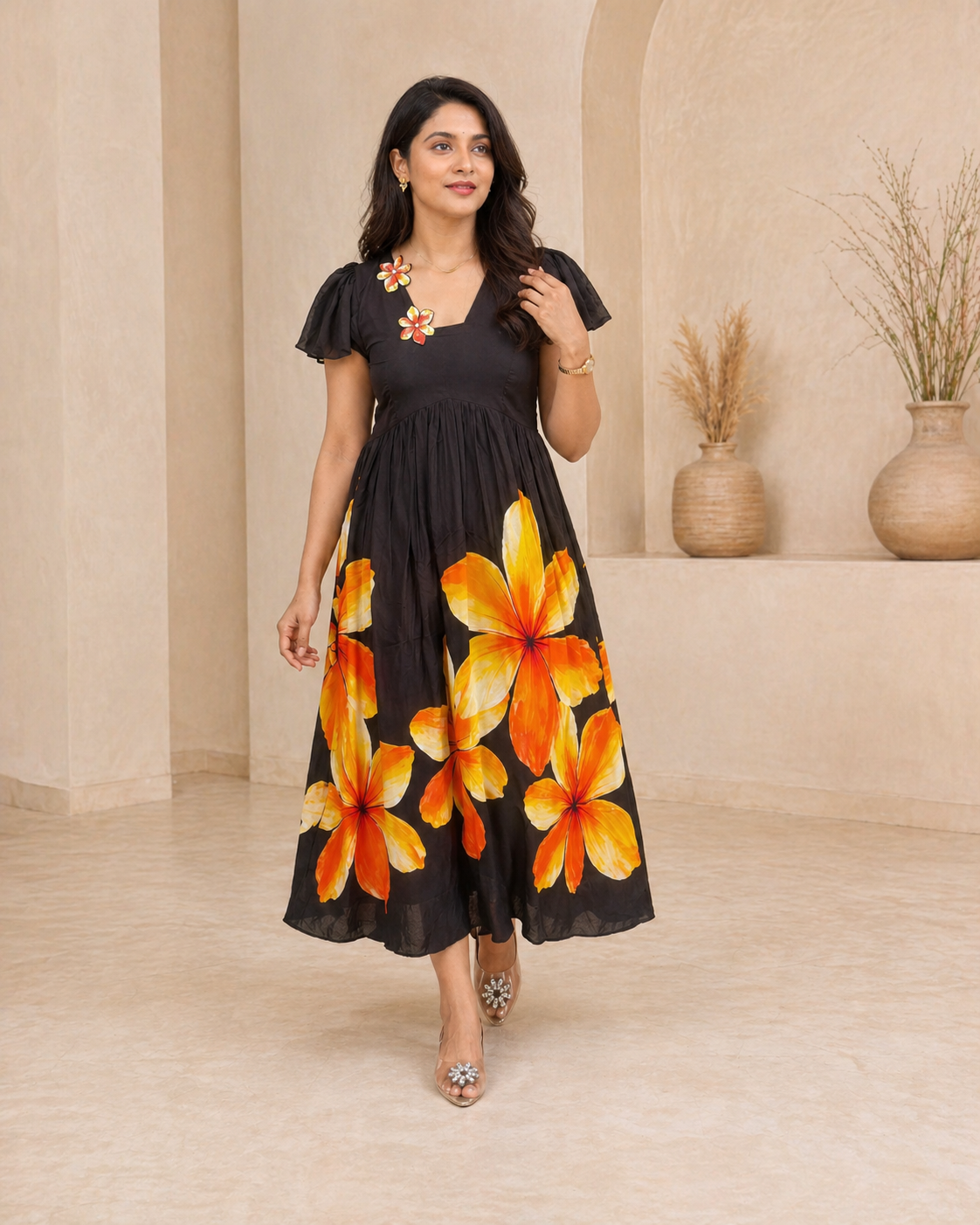 Black frock with hand embroidery and floral motif frock