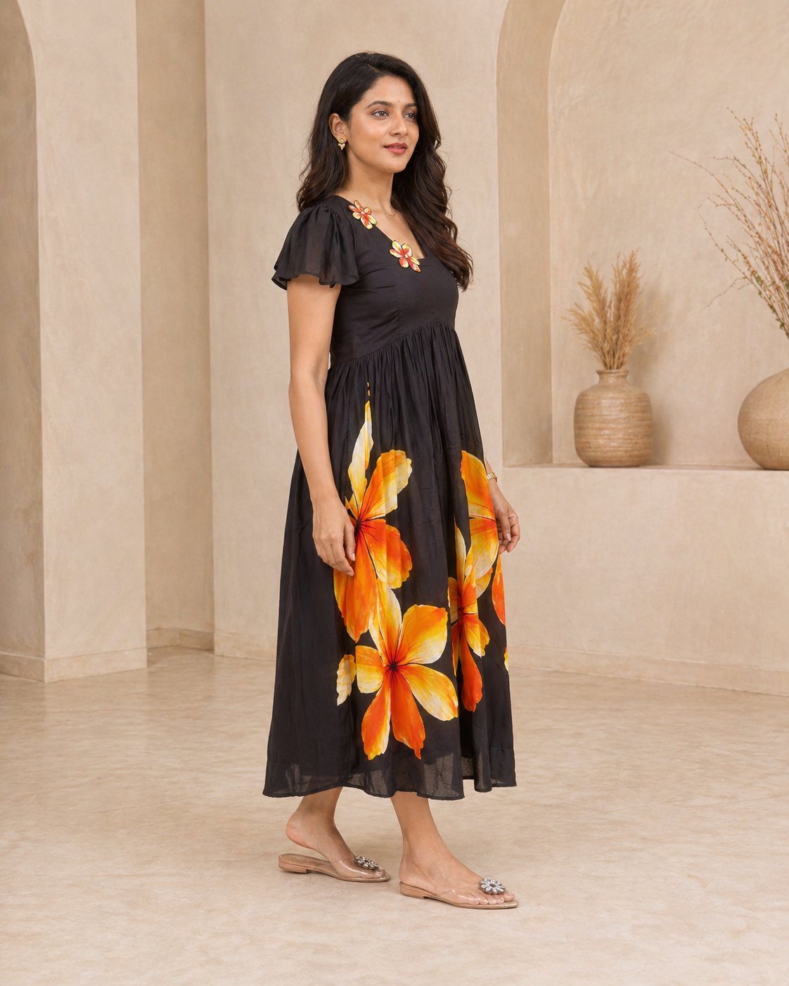 Black frock with hand embroidery and floral motif frock