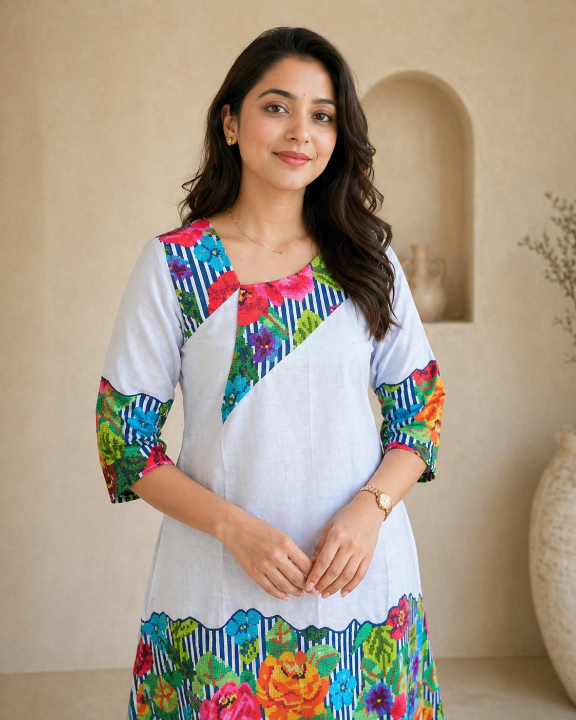 White frock with colourful stripes