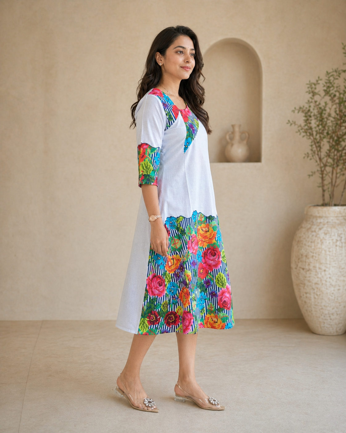 White frock with colourful stripes