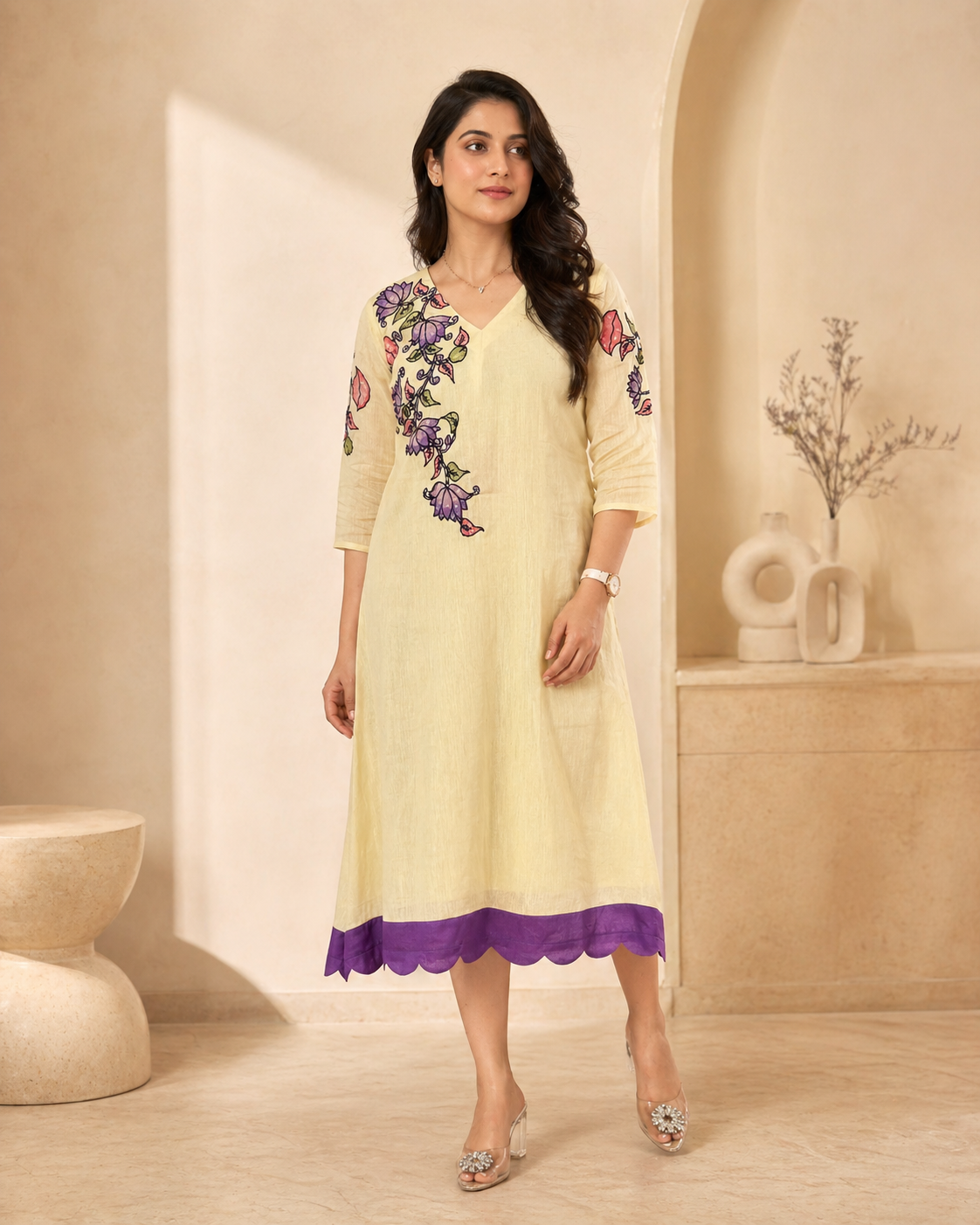 Mul mul chanderi frock with pure pen kalamkari applique work