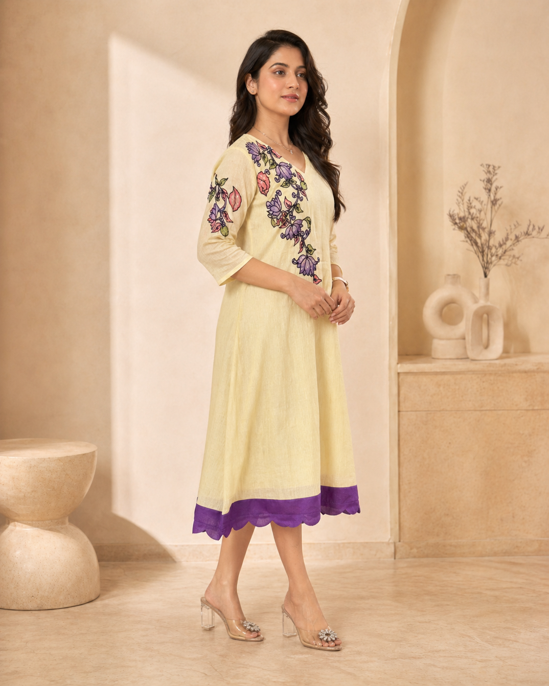 Mul mul chanderi frock with pure pen kalamkari applique work