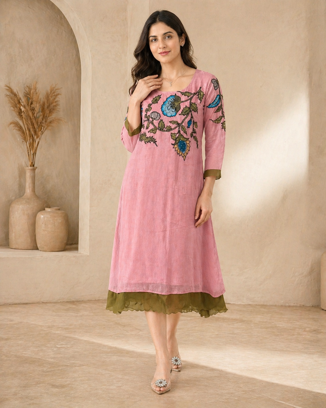 Mul mul chanderi frock with pure pen kalamkari applique work