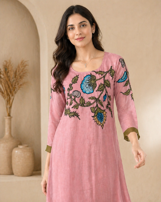 Mul mul chanderi frock with pure pen kalamkari applique work