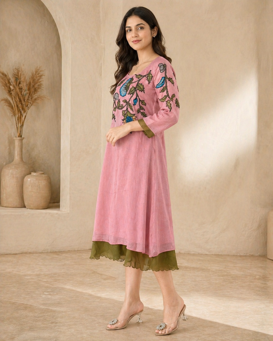 Mul mul chanderi frock with pure pen kalamkari applique work