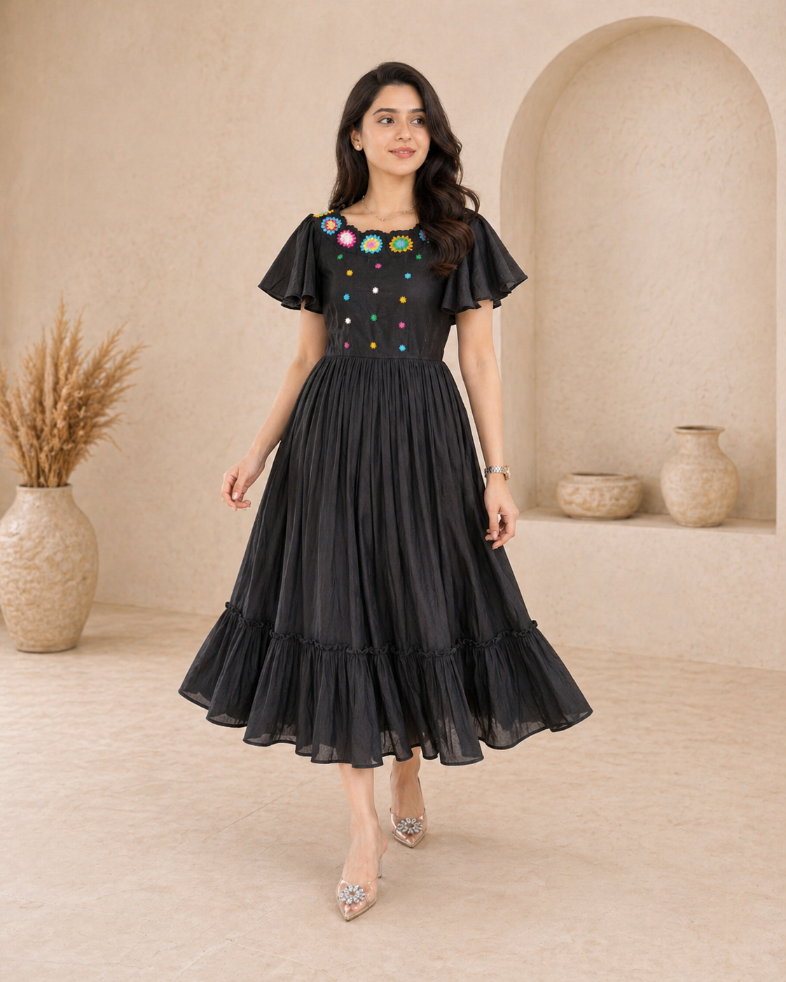 Black cotton frock with ruffles sleeves