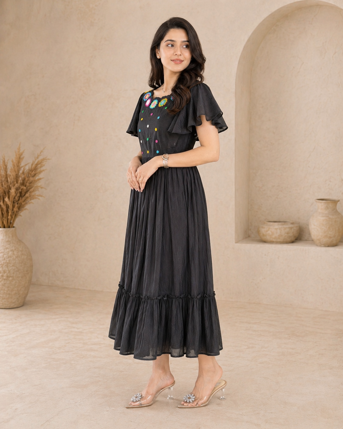 Black cotton frock with ruffles sleeves