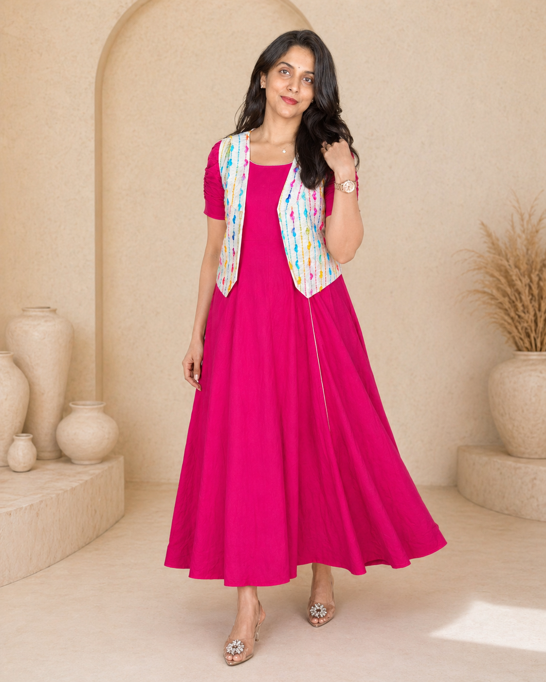 Pink plain cotton frock with printed jacket