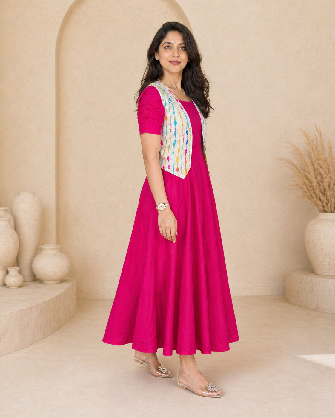 Pink plain cotton frock with printed jacket