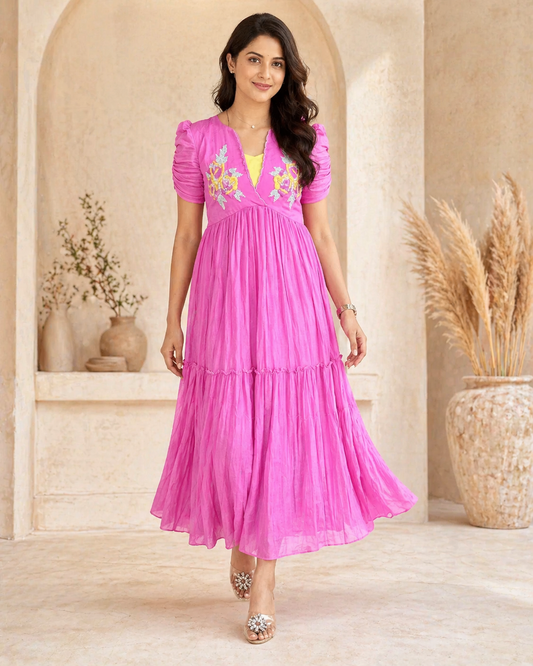 Mul mul chanderi frock with hand emdroidery