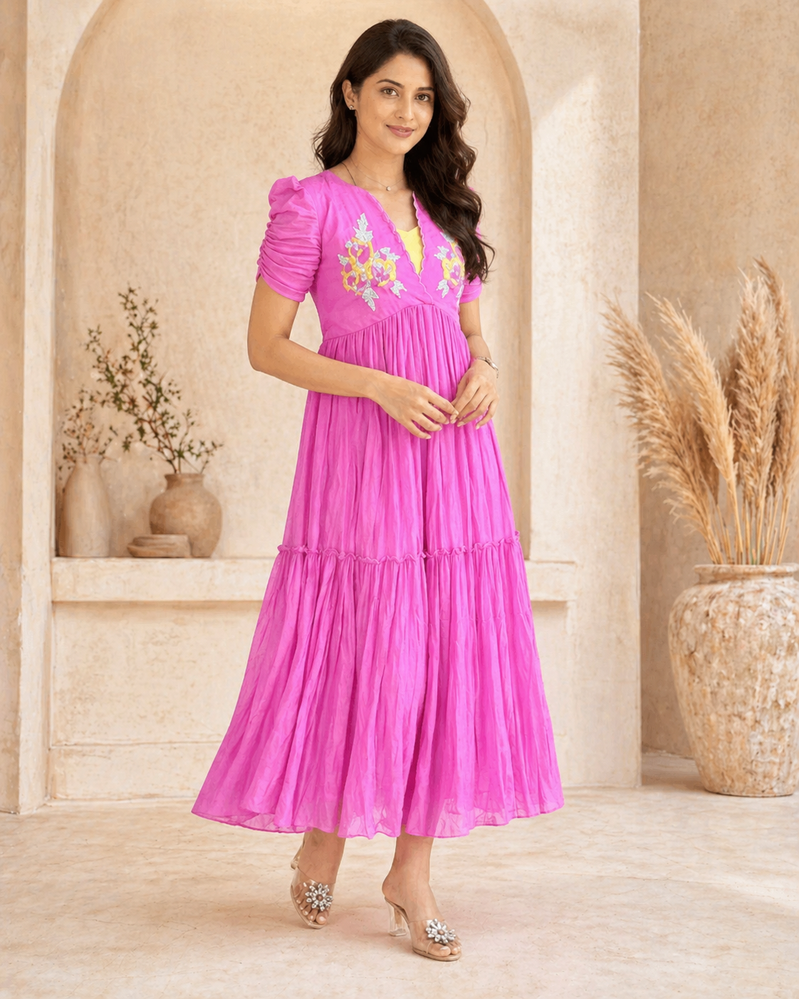 Mul mul chanderi frock with hand emdroidery