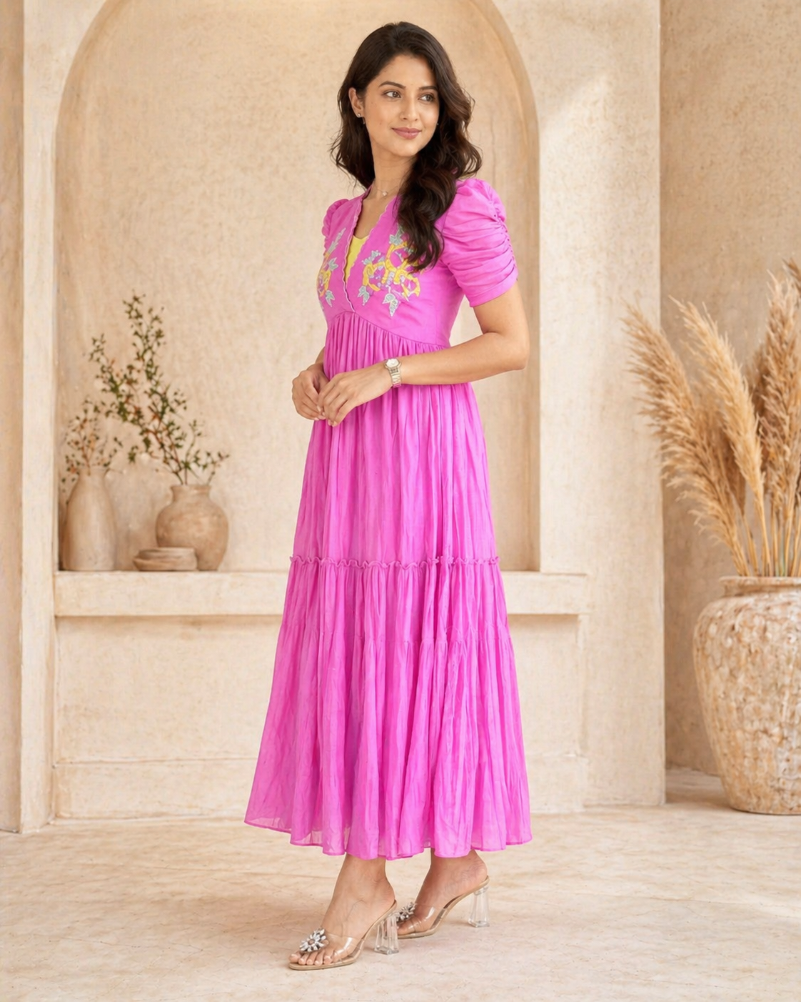 Mul mul chanderi frock with hand emdroidery