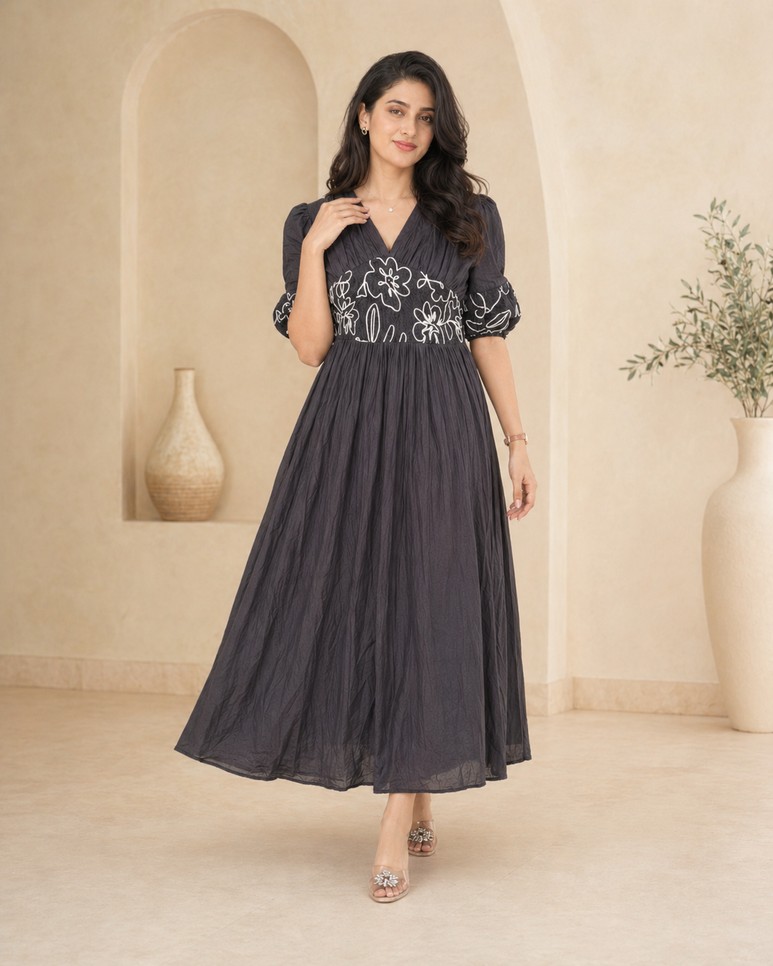 Black cotton frock with sleek thread work detailing