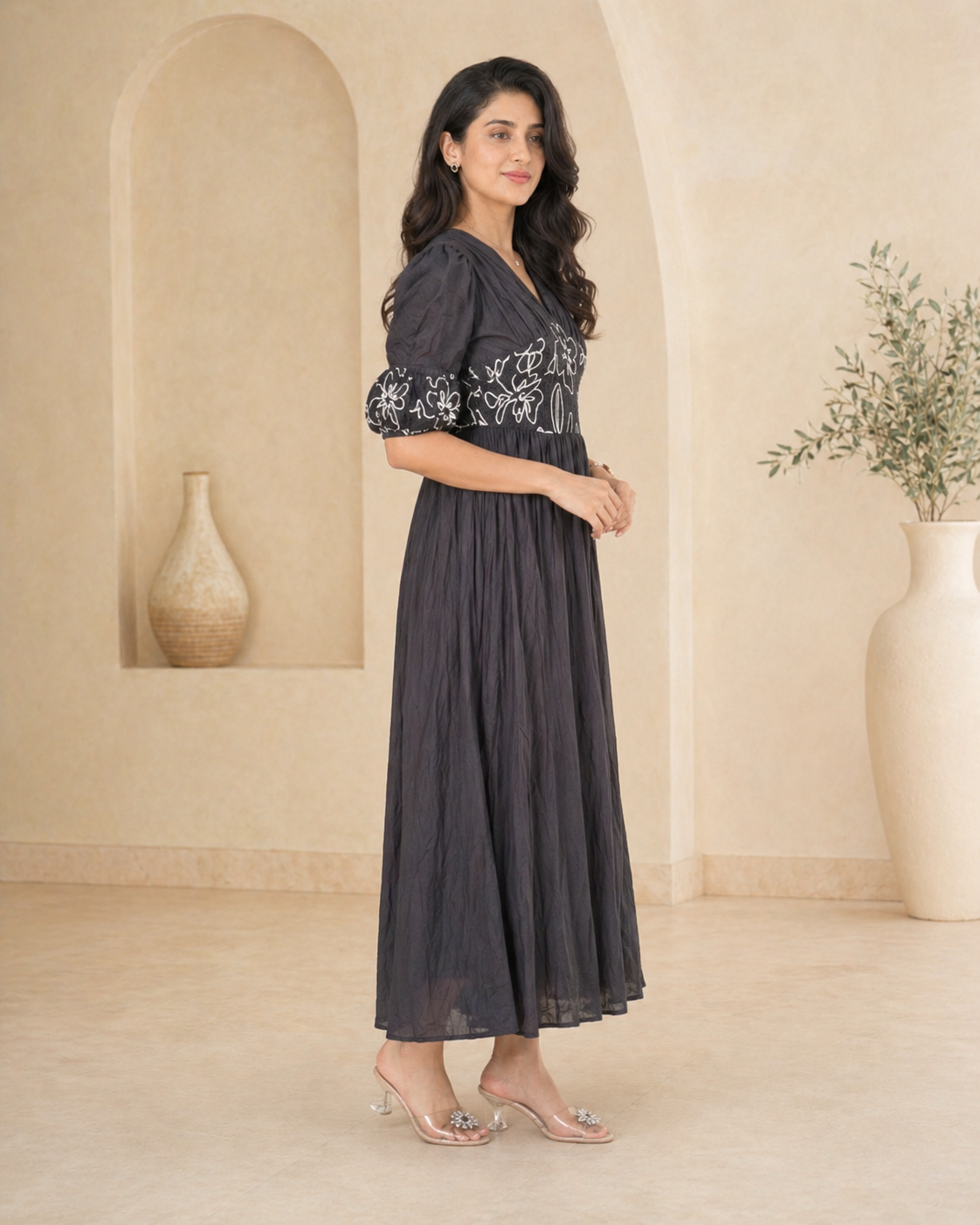 Black cotton frock with sleek thread work detailing