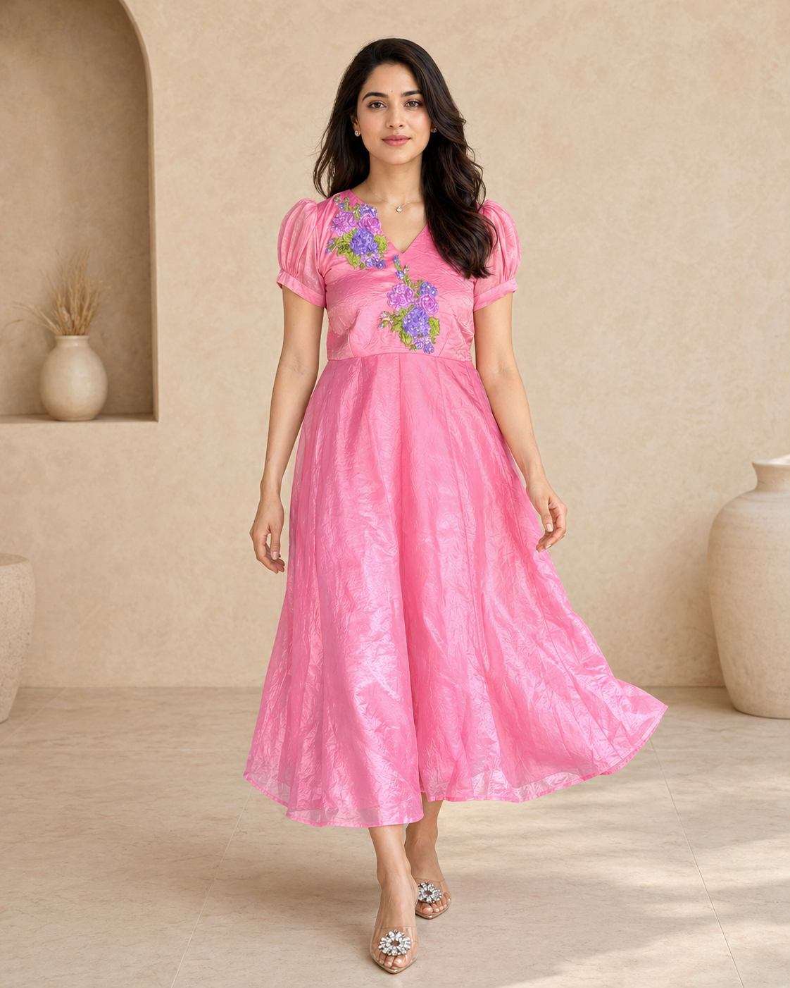 Tissue frock puff  sleeves with hand emdroidery