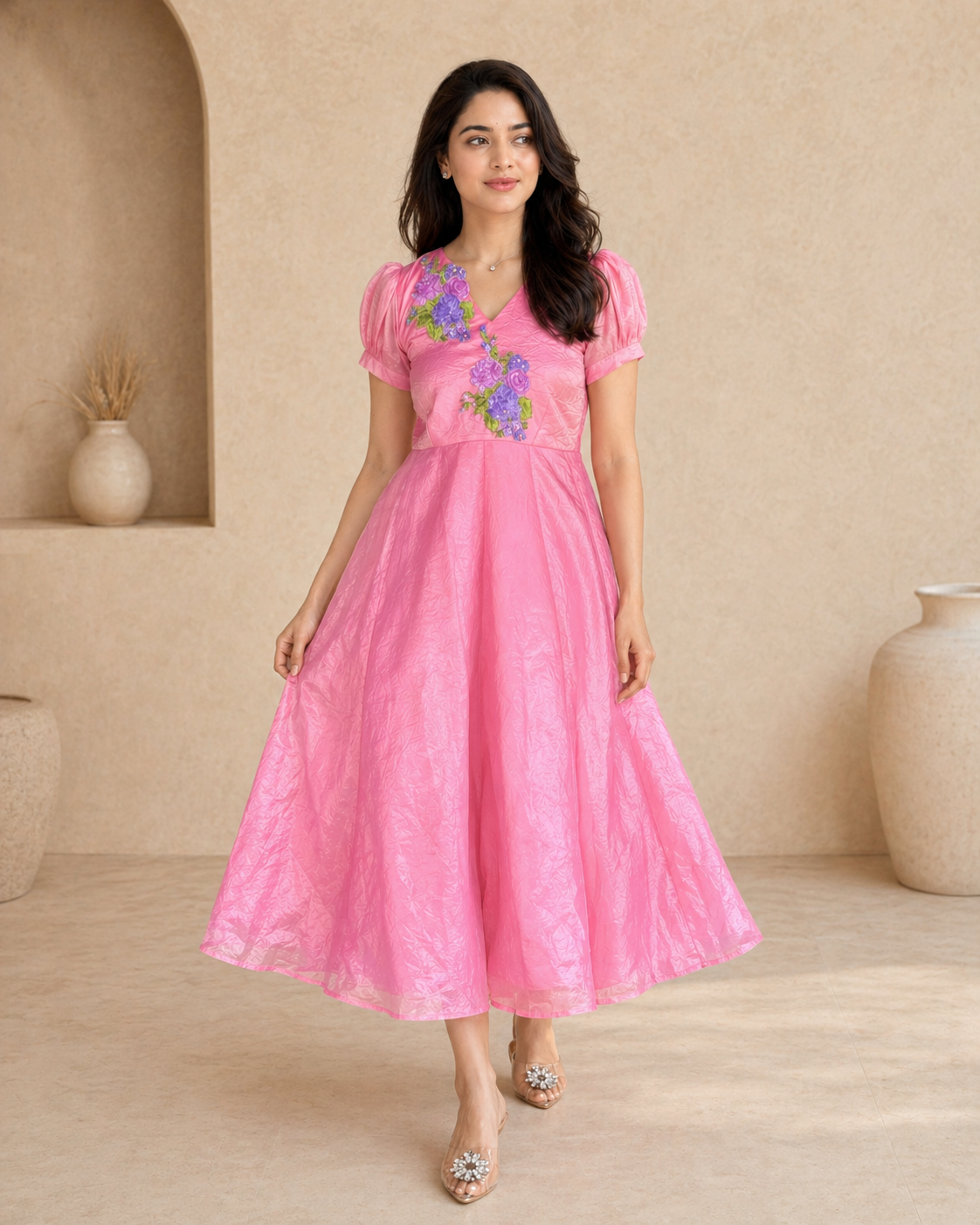 Tissue frock puff  sleeves with hand emdroidery