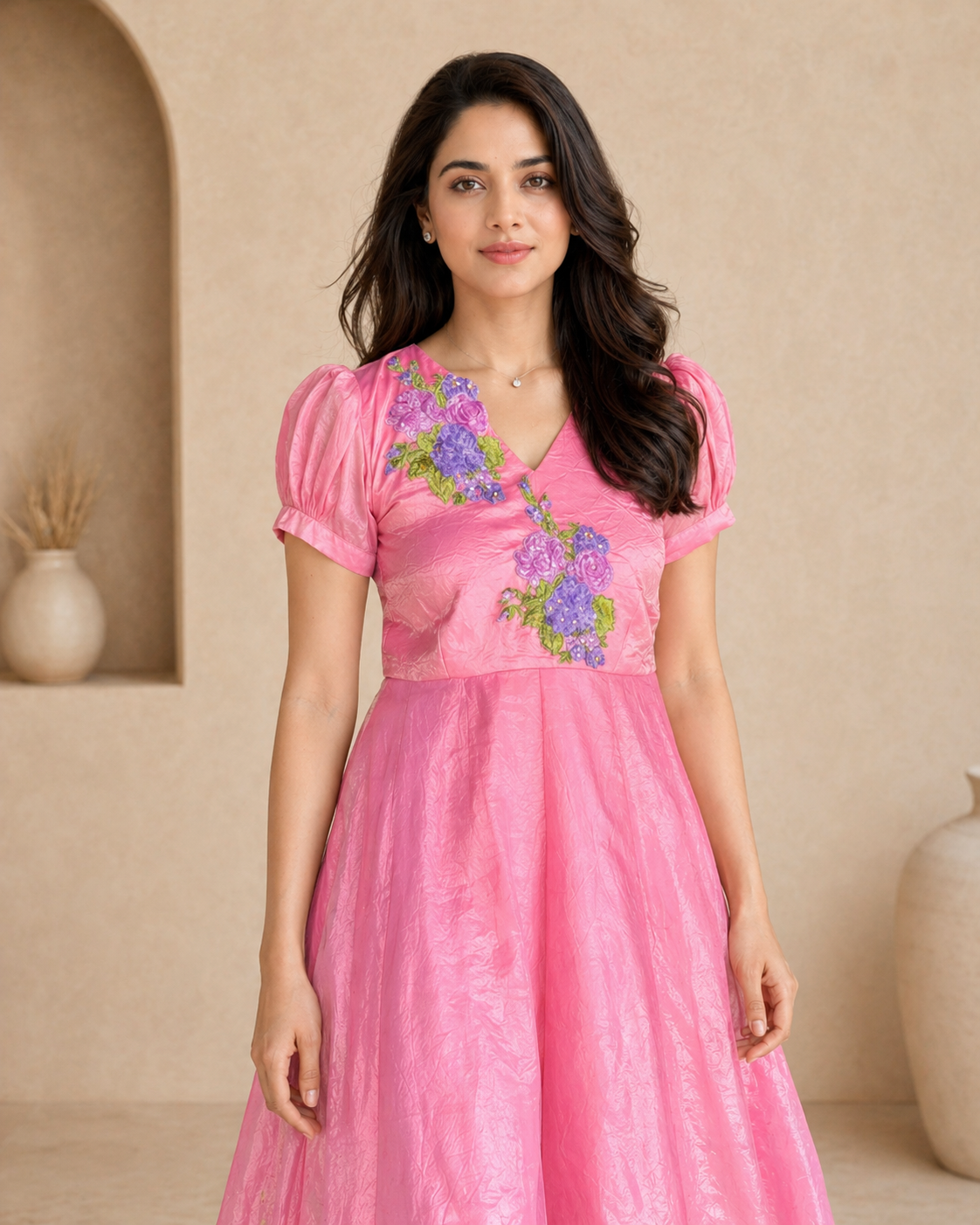 Tissue frock puff  sleeves with hand emdroidery