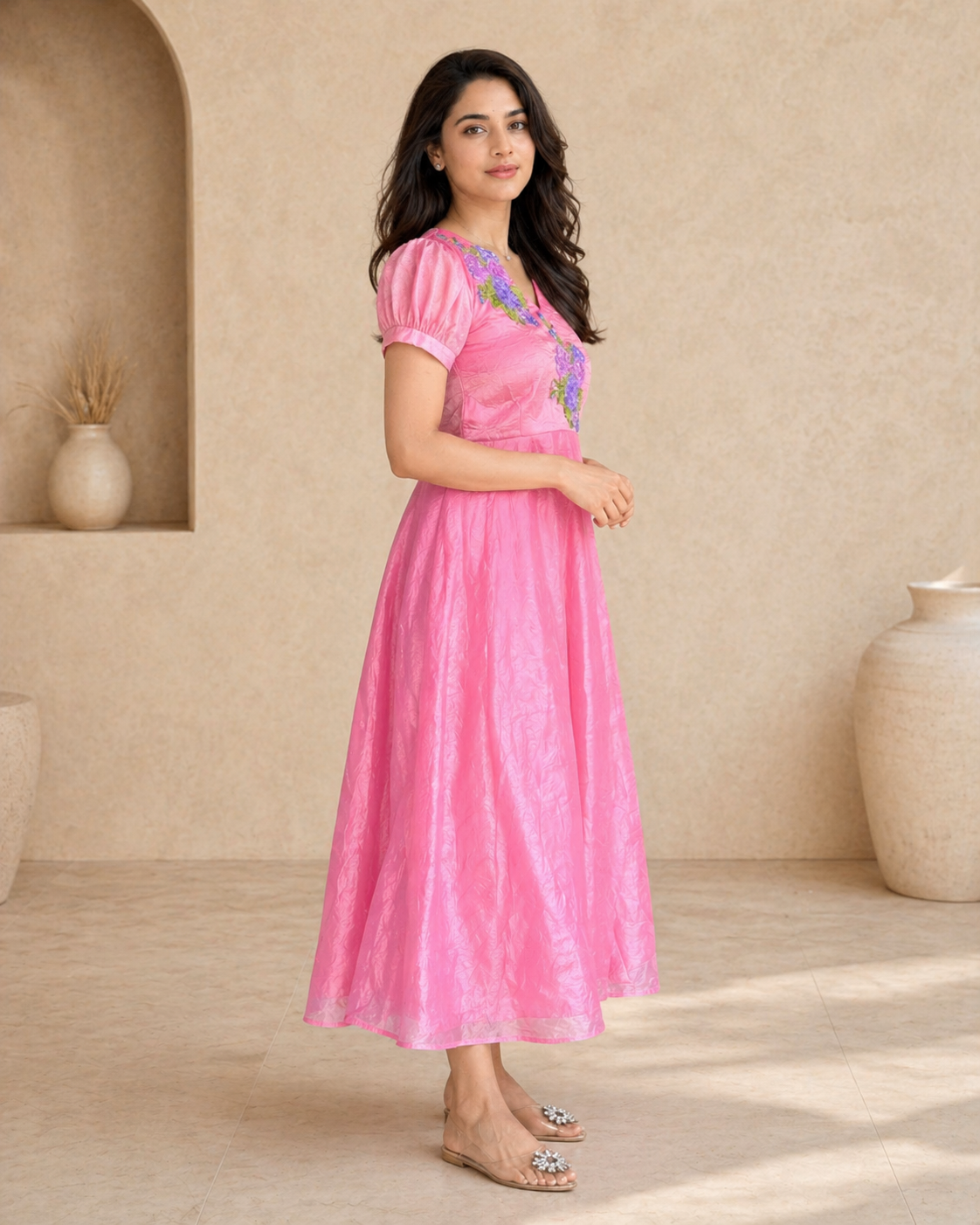 Tissue frock puff  sleeves with hand emdroidery