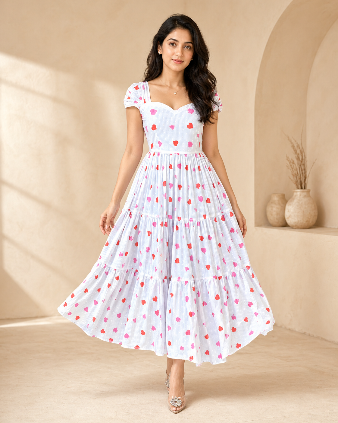 Ivory cotton with red sweet hearts frock