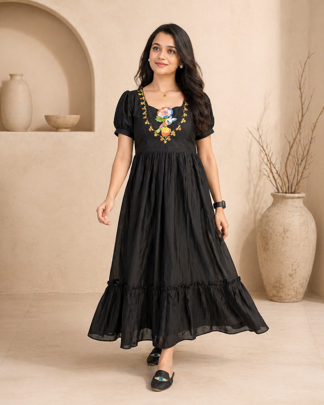 Black mul cotton Frock with hand embroidery