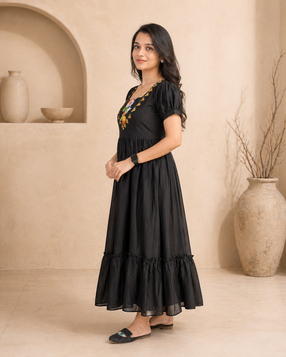 Black mul cotton Frock with hand embroidery