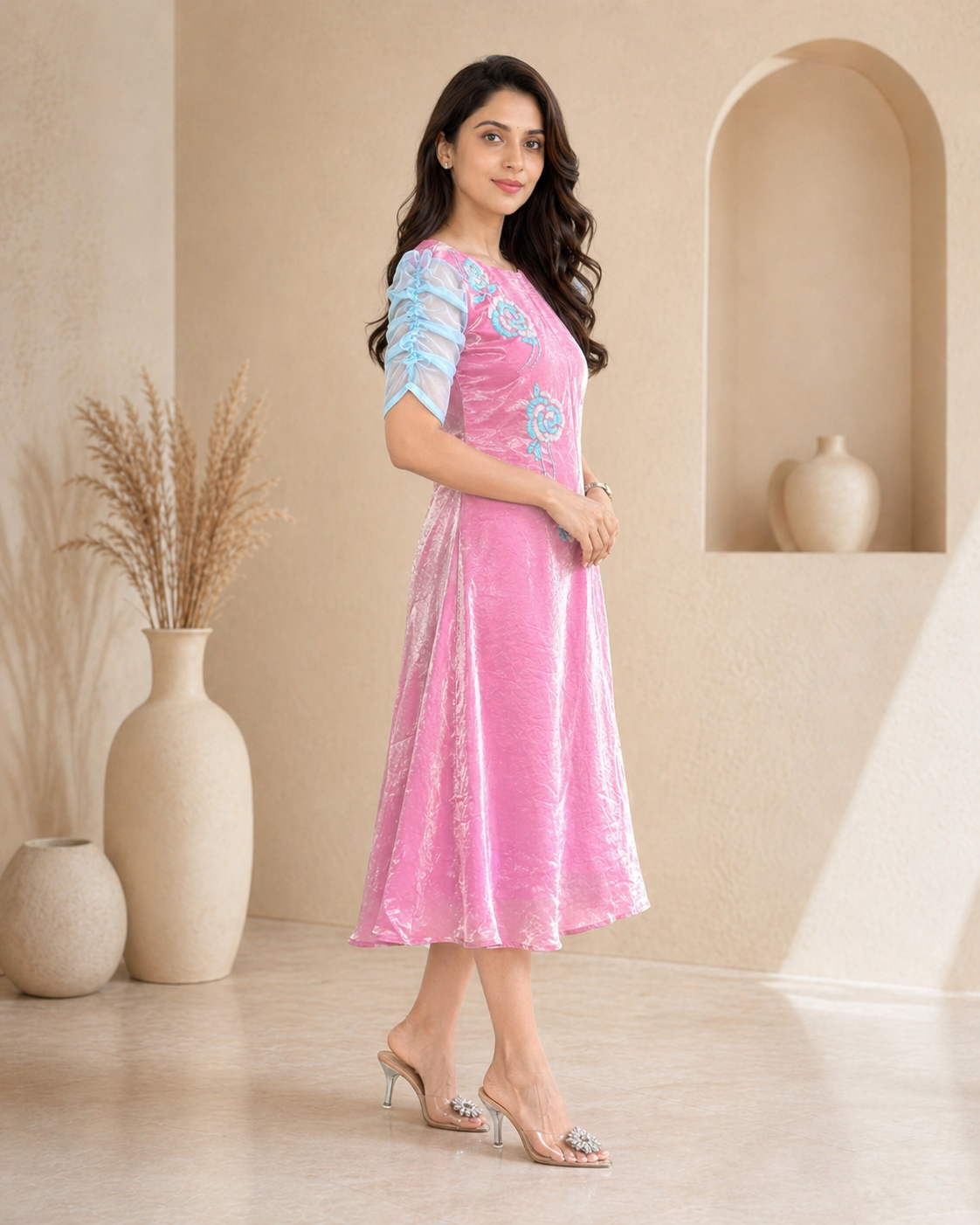 Pink glass tissue Frock with hand embroidery