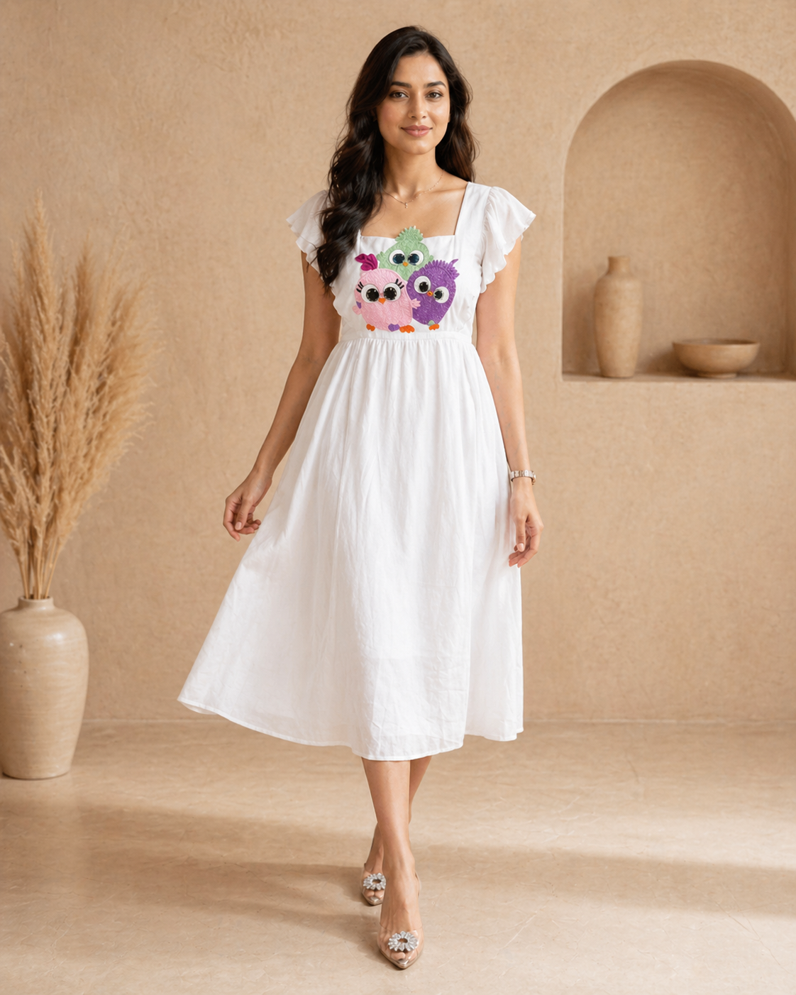Ivory raw silk frock with cute motif