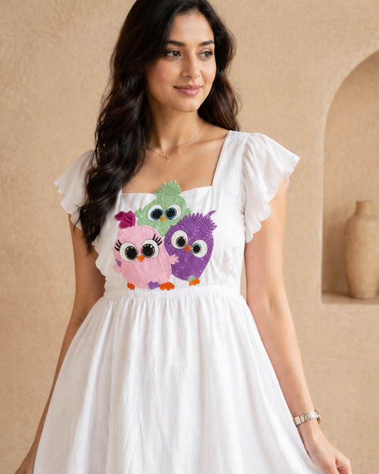 Ivory raw silk frock with cute motif