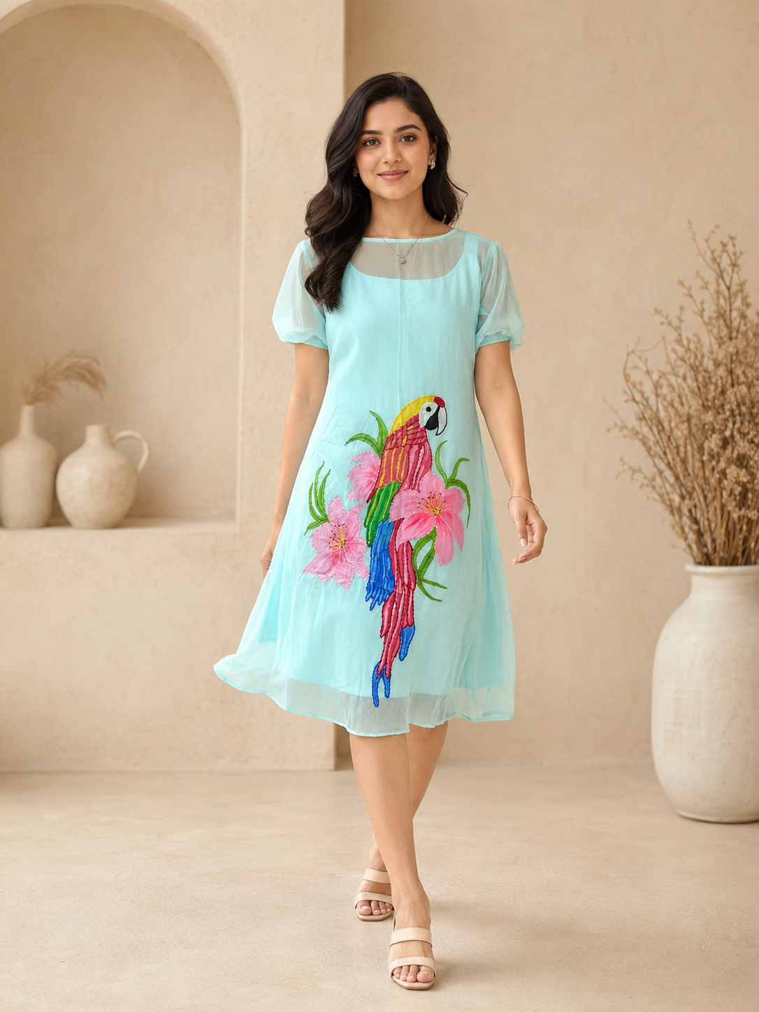 Light Blue organza frock with detachable satin lining and hand painted design