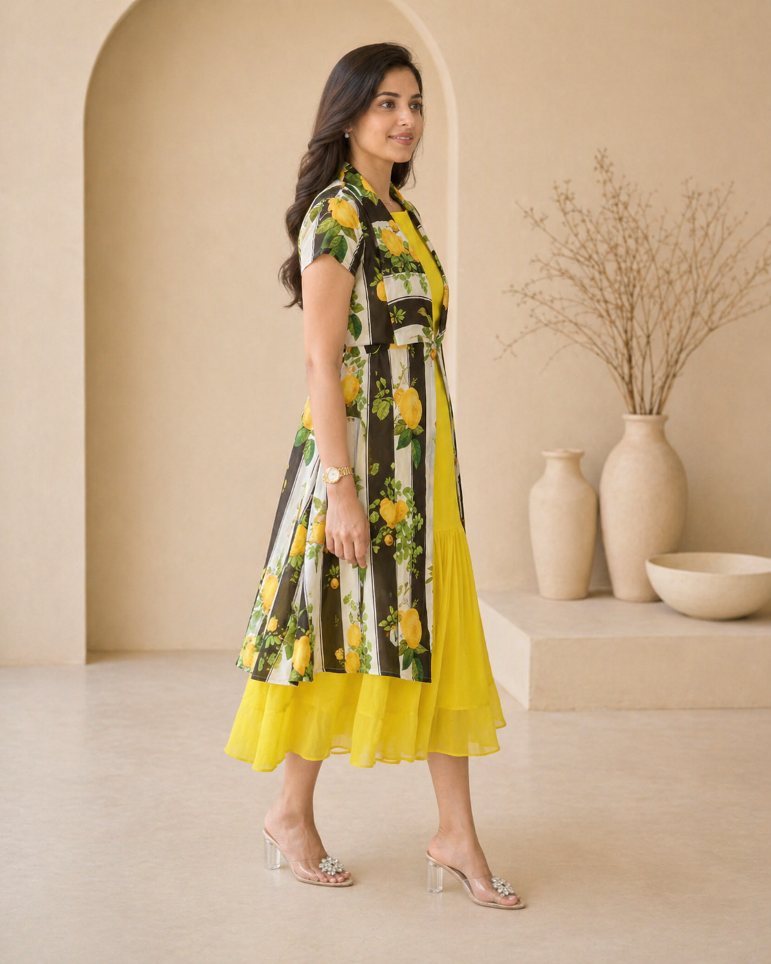 Yellow frock with printed detachable jacket