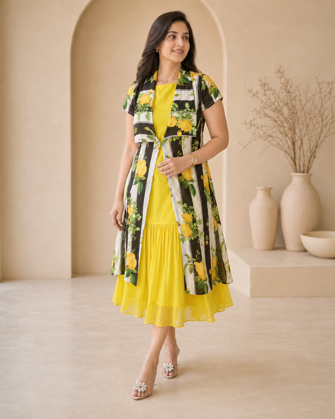 Yellow frock with printed detachable jacket