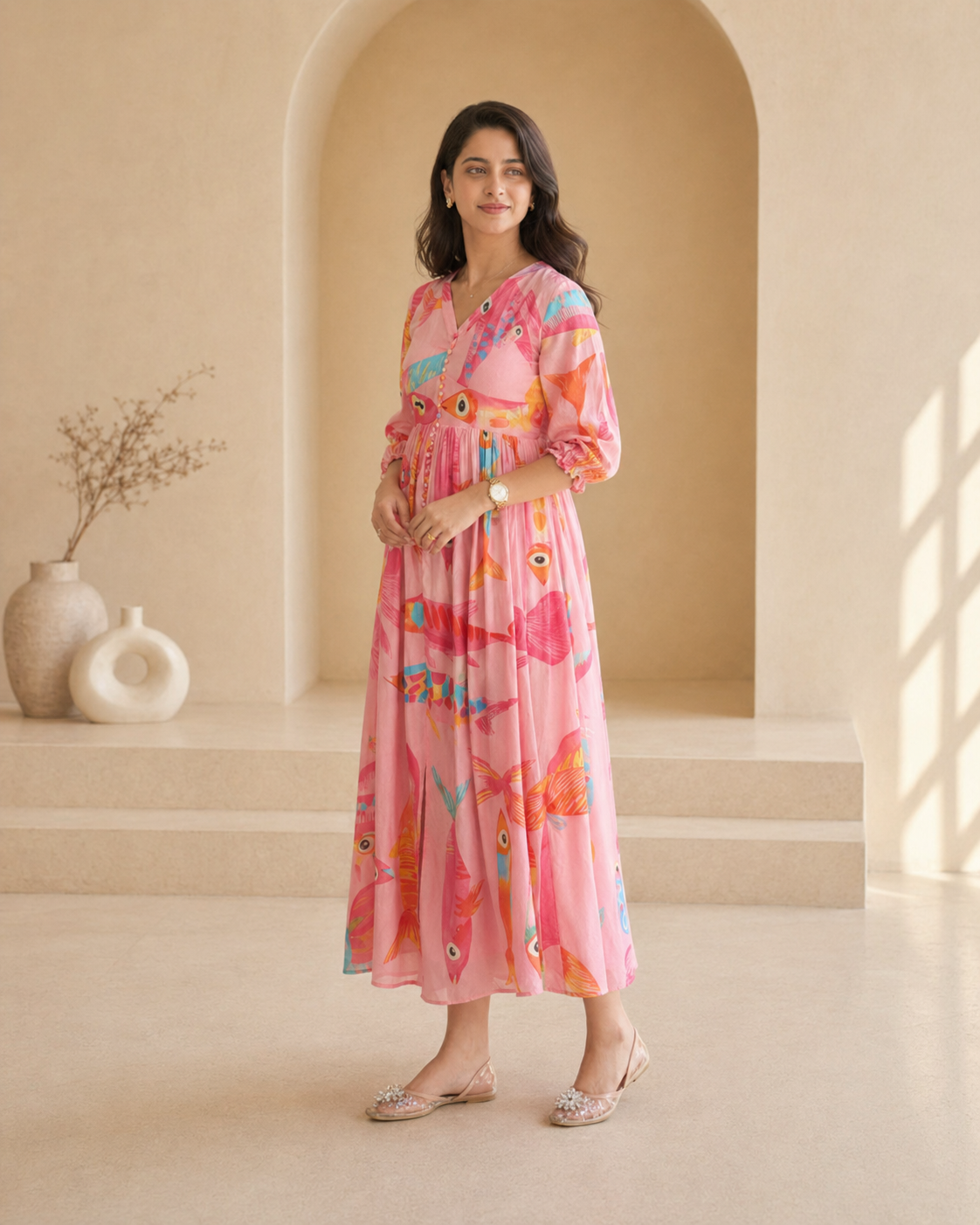 Printed fishes pink frock