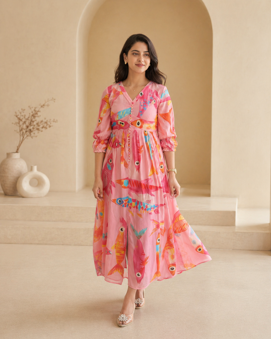 Printed fishes pink frock