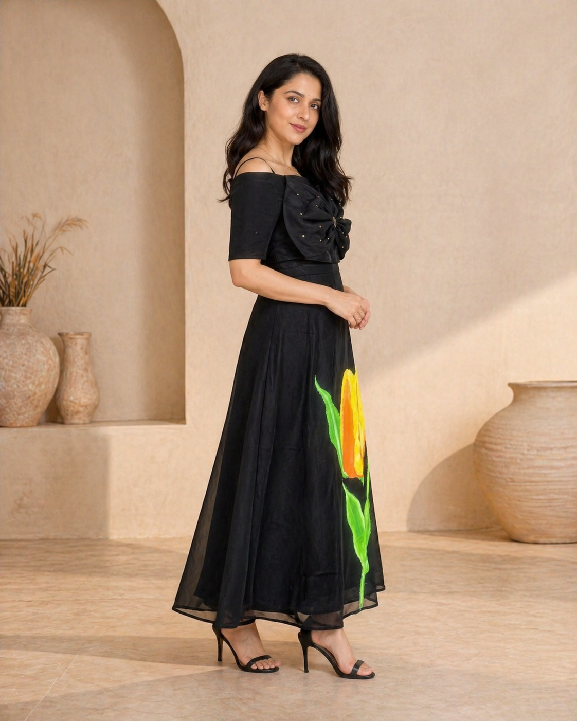 Handpainted floral frock with Cape