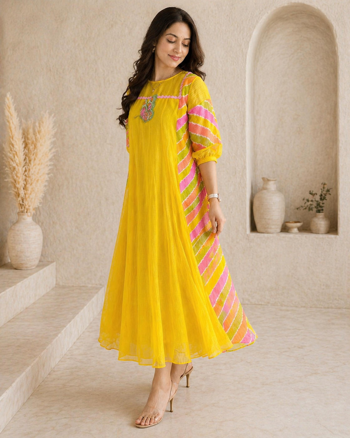 Yellow kota frock with hand embroidery motif
