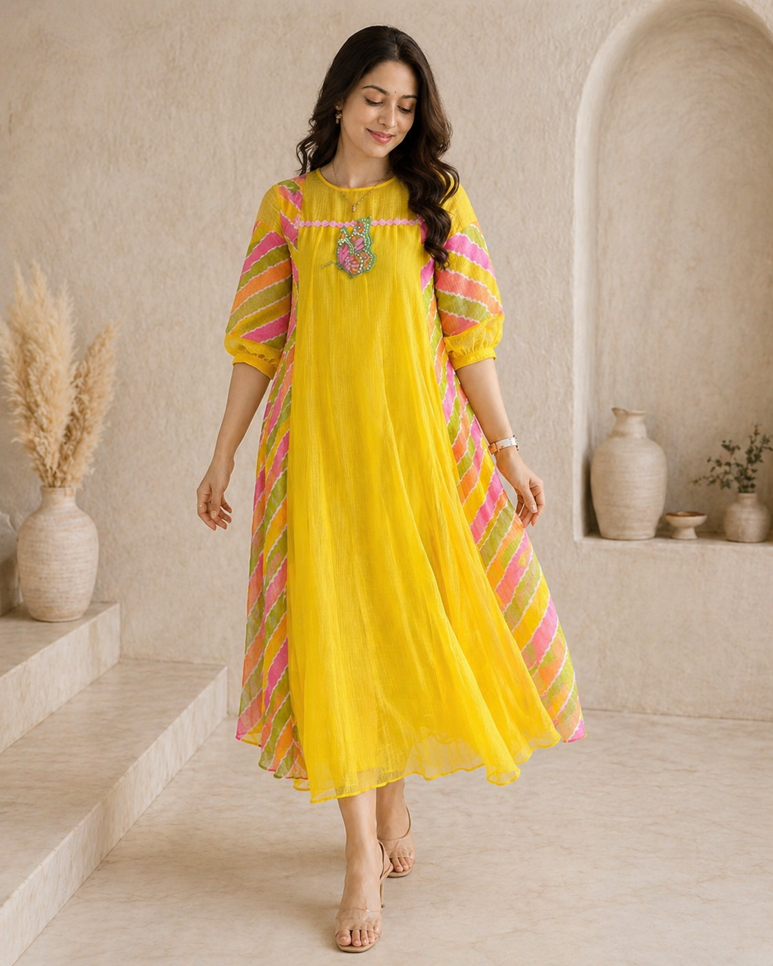 Yellow kota frock with hand embroidery motif