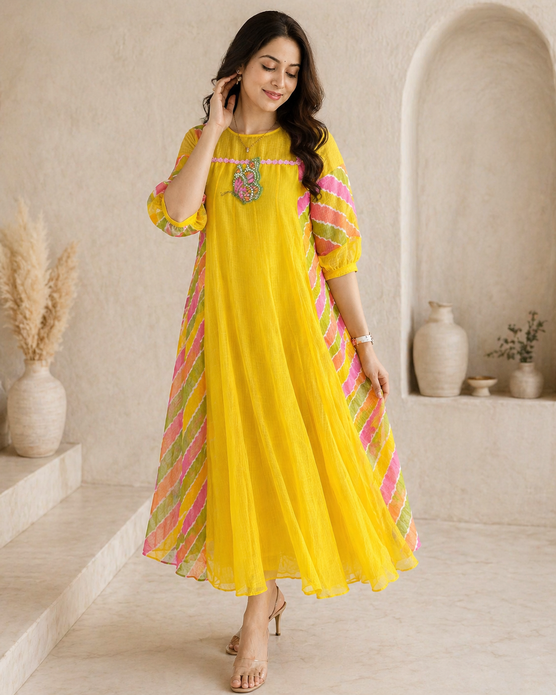 Yellow kota frock with hand embroidery motif