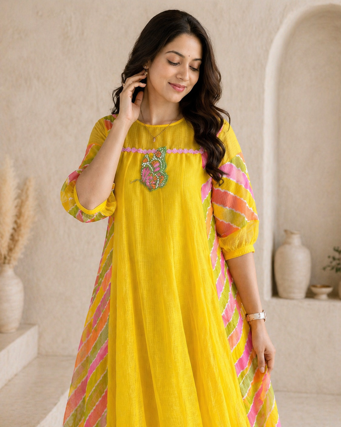 Yellow kota frock with hand embroidery motif