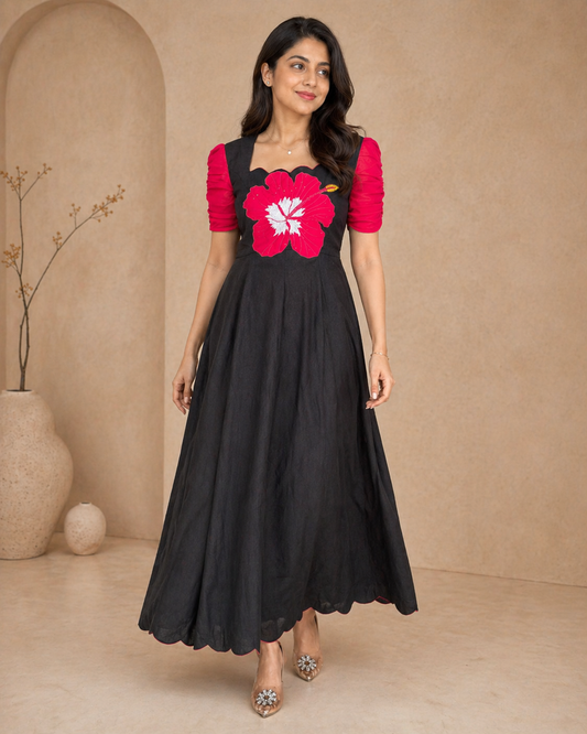 Black frock with bold red hibiscus hand painted motif