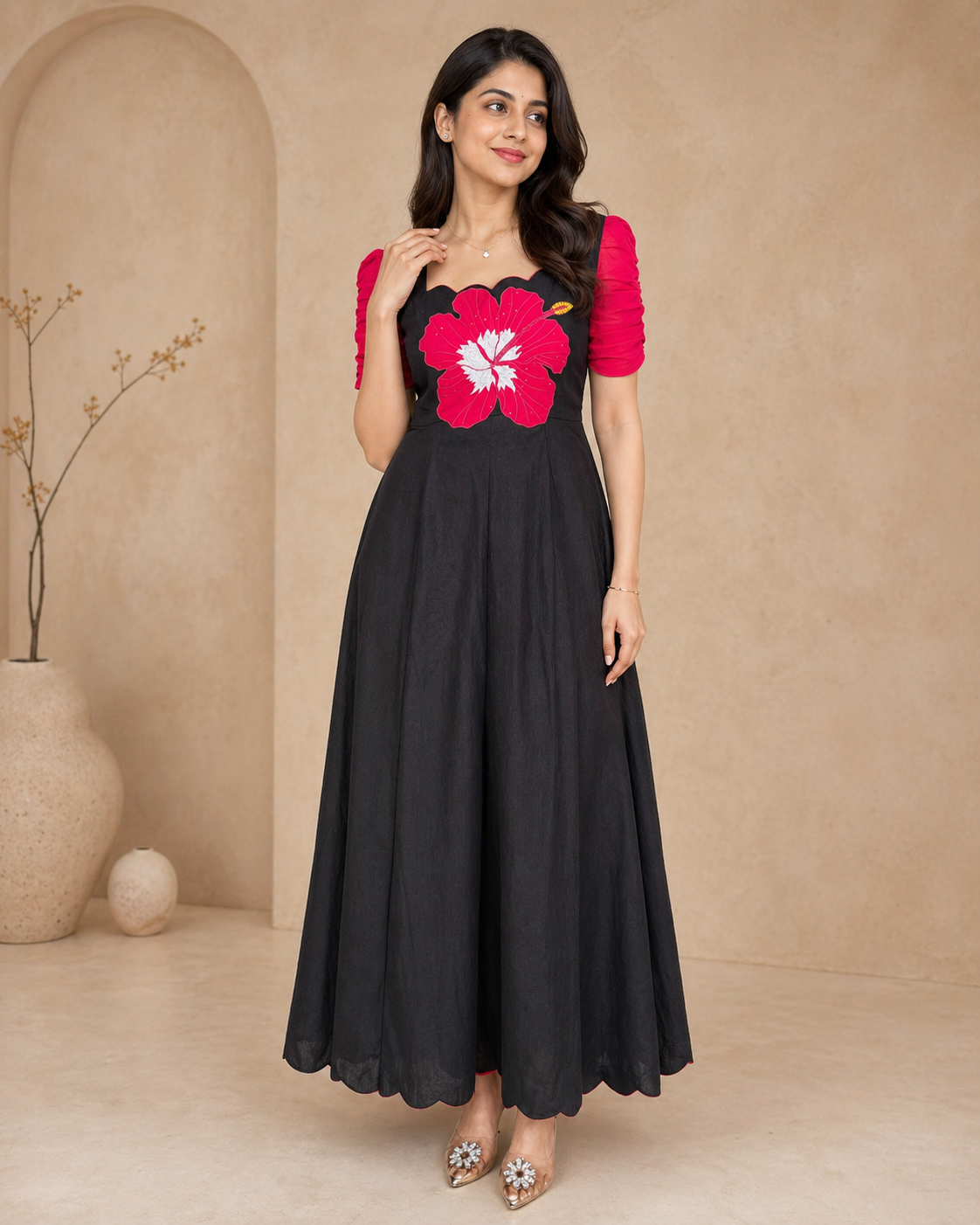 Black frock with bold red hibiscus hand painted motif