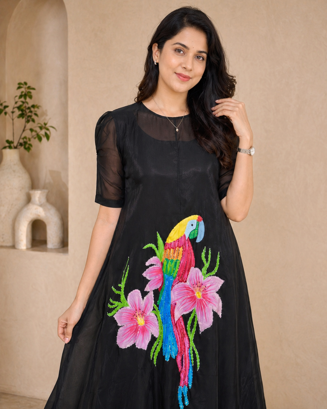 Black organza frock with detachable satin lining and hand painted design